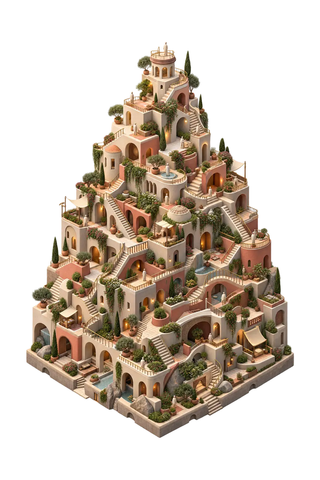 Isometric clay model of a structure made of open staircases and landings, with small figures standing in view on the upper platforms.