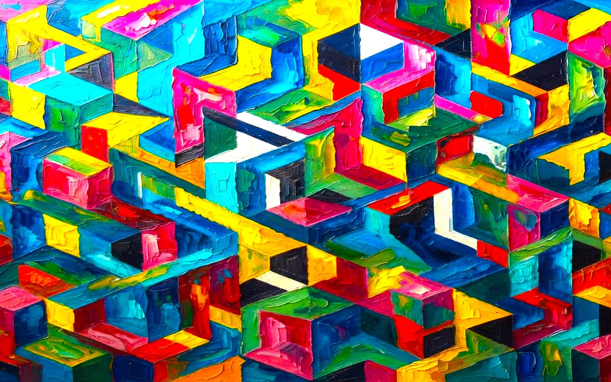 Thickly painted abstract of stacked geometric blocks in bright primary colours.
