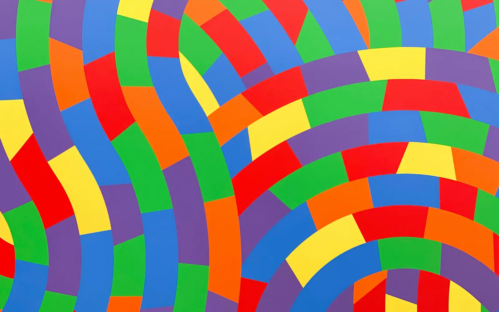 Abstract painting of interlocking coloured bands curving and overlapping across the canvas.